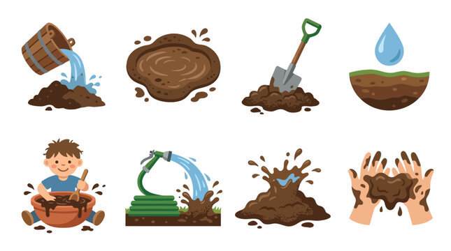 Set of Vector Illustrations depicting gardening and playful activities with soil and water, ideal for educational and recreational content