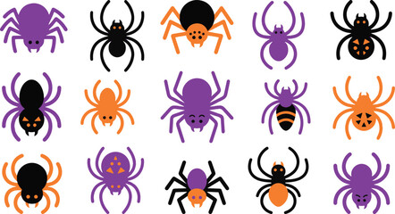 Halloween spider vector illustration collection featuring cute black orange and purple spooky creepy insect characters © Rumi