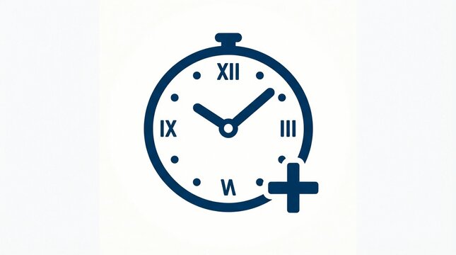 Dark blue analog clock icon with roman numerals and a plus sign symbol representing extra time management efficiency isolated on a clean bright white background