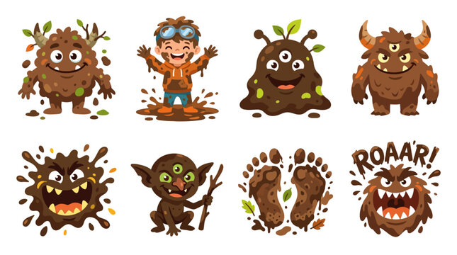 Set of Cute and Scary Mud Monsters Vector Illustrations, Cartoon Muddy Characters, Funny Halloween Creatures, and Playful Dirt Monsters Vector Set