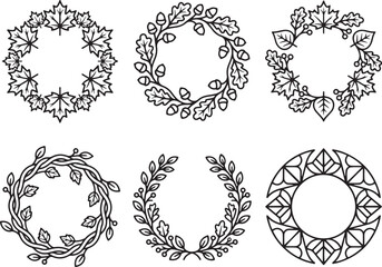 Fototapeta premium Autumn leaf wreath and floral border line icon set