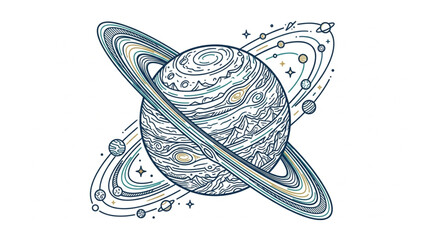 Detailed Line Art of Saturn with Rings and Orbiting Planets. © Wazakos