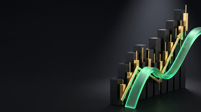 Financial growth background with 3d stock market candlestick chart and green glass wave mockup