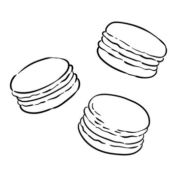 Hand drawn illustration of three delicious French macaron cookies in black and white line art.