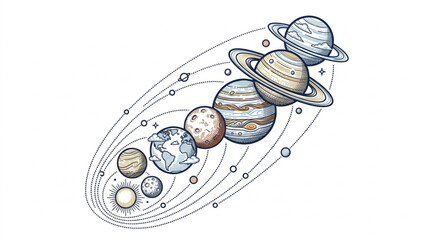 Detailed illustration of the solar system planets orbiting the sun. © Wazakos