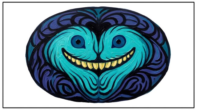 Cheshire Cat face painted on oval stone with vibrant blue and purple swirls during daylight