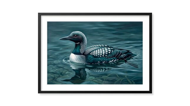 Common loon swimming in clear blue water with subtle reflection during morning light