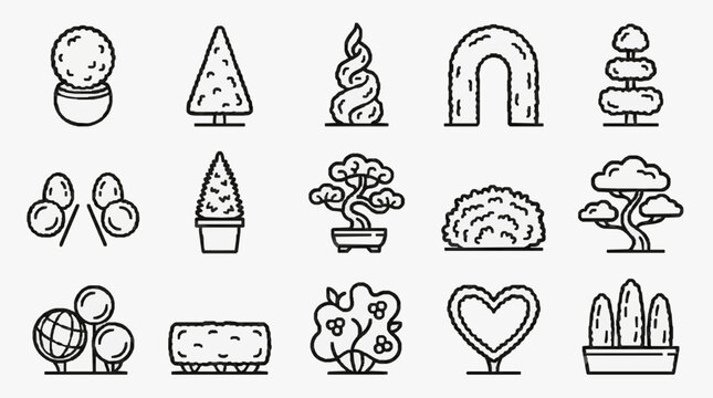 Sleek Black and White Line Art Collection of Various Trees Plants and Garden Elements for Designers and Illustrators