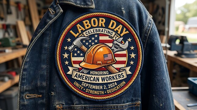Labor Day embroidered patch on a blue denim jacket celebrating American workers with tools and flag