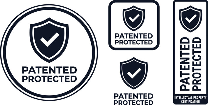 Patented protected label collection. Official intellectual property certification badges for innovative products, legal protection, technology branding and ownership verification vector illustration.