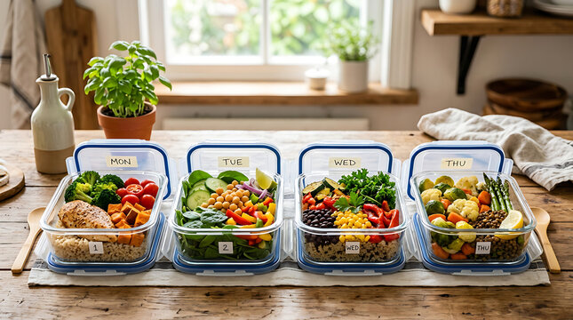 Meal prep containers with fresh healthy food for diet and fitness. Colorful portioned lunch boxes filled with vegetables, grains, and proteins on w...