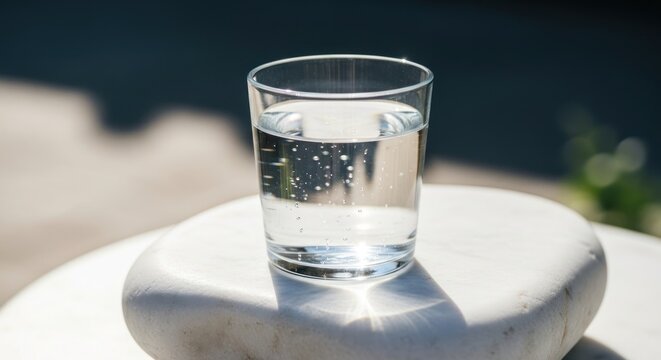 Glass of water on white table.