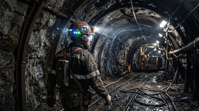 Coal miner wearing protective equipment and headlamp walking inside deep underground tunnel with underground industrial equipment protective darkness extraction resource excavation industry