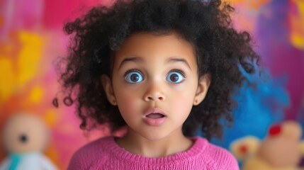 Fototapeta premium Surprised curly haired child with wide eyes and open mouth in colorful playroom for parenting articles, early education resources, pediatric marketing and emotional expression imagery