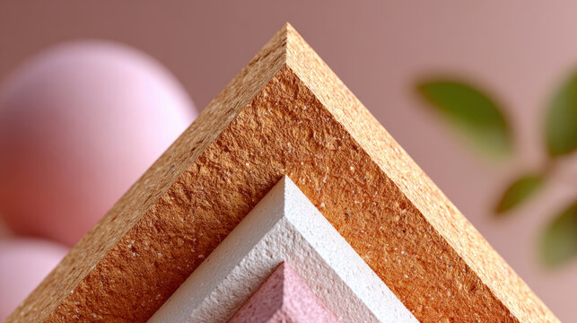 Layered paper texture swatches arranged in geometric stack showcasing recycled board and colored pulp for packaging material selection, sustainable print samples and design spec review
