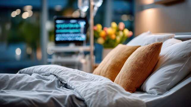 Close hospital bed with pillows and bedside icu monitor in soft lighting, patient room staging for recovery, hospital comfort and medical monitoring context for healthcare guides
