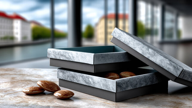 Premium packaging mockup of luxury box with open lid and almonds on marble kitchen counter for product display, branding presentation, retail packaging design and catalog