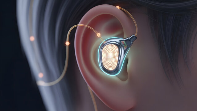 Futuristic Ear Implant with Glowing Circuitry and Data Transfer