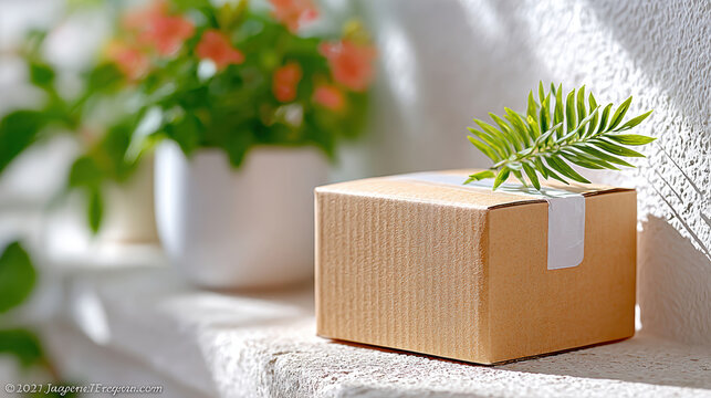 Sealed cardboard package on a windowsill with a green leaf accent for minimal eco delivery and sustainable packaging background and decor