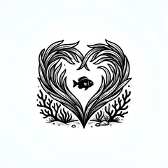 Fototapeta premium Minimalist black and white conceptual icon combining a heart shape with coral reefs and seagrass blades, symbolizing a sanctuary for vibrant marine life and ocean conservation. 