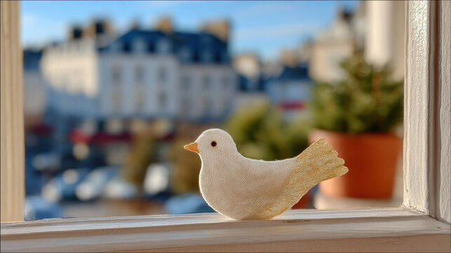 White paper dove silhouette perched on a sunlit window ledge with blurred city view and potted plant for minimalist spring background and warm interior decor