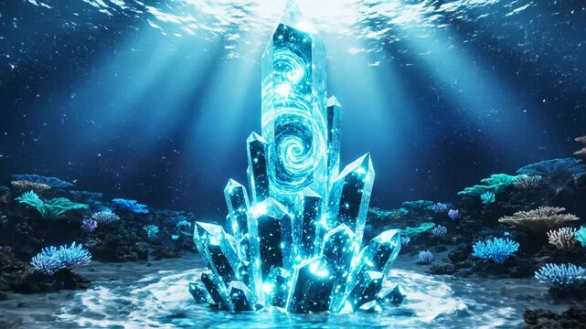Large glowing blue crystalline cluster centered on an underwater seabed surrounded by coral reefs under shafts of sunlight filtering through the deep ocean surface.