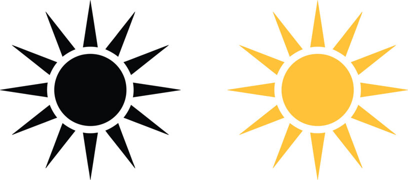 A minimalist graphic illustration featuring two sun icons side by side one in solid black and one in bright yellow