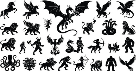 Fototapeta premium Mythological Creatures and Fantasy Monsters Silhouettes Vector Set Featuring Dragon Phoenix Pegasus Griffin and Minotaur
