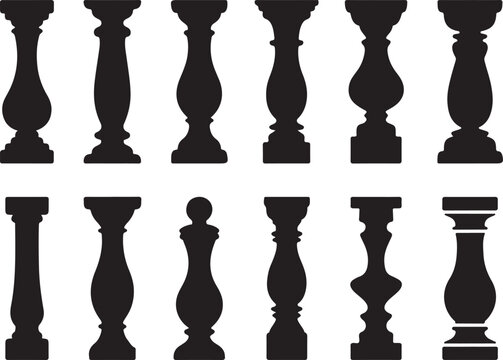 Set of black silhouette balusters isolated on transparency grid background, various architectural pillars, railings.