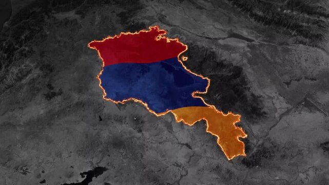 Armenia country map with national flag overlay and glowing fire border on dark global satellite view