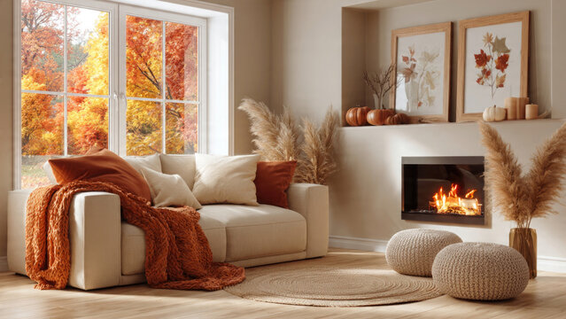 Cozy living room interior with autumn view through window and warm fireplace