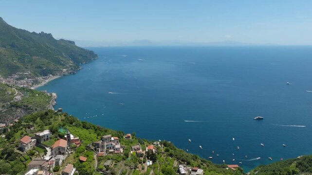 Aerial View of Amalfi Coast Italy Mediterranean Coastal Village and Blue Sea Horizon on a Sunny Summer Day