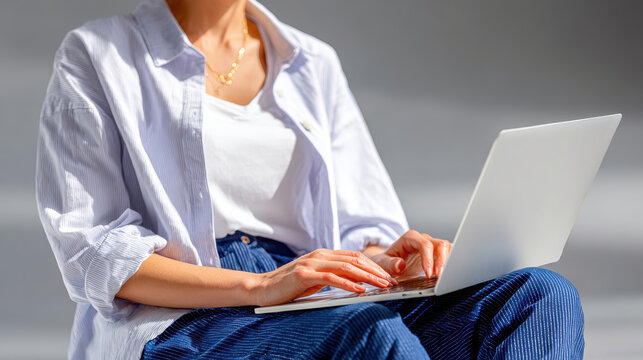 Casual young woman seated typing on laptop with relaxed posture for remote learning, freelance editing, content management and social media workflow demonstrations