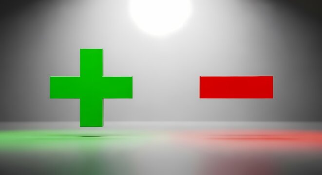 Green plus sign and red minus sign on gray background