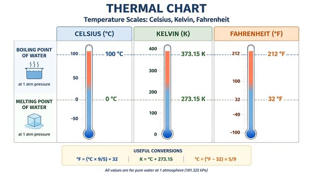 Educational thermal chart showing temperature scales including Celsius Kelvin and Fahrenheit for science