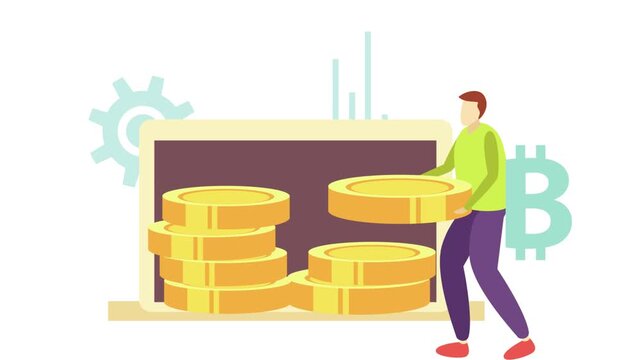 man holding a stack of coins and a laptop with bitcoin symbol