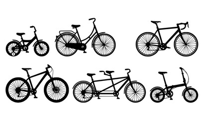 Obraz premium Classic Bicycle and Tandem Bicycle Black Silhouette Vector Set Isolated on White Background