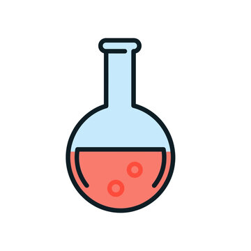 Minimal flat chemistry flask vector icon, blue and red laboratory glassware symbol, science experiment illustration for UI, app and education