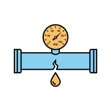 Flat vector pressure gauge on pipeline with leak drop, blue pipe icon. Plumbing pressure meter illustration for maintenance