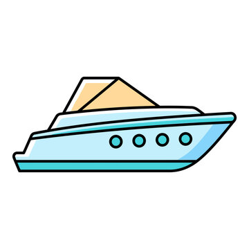 Retro cartoon yacht vector icon, blue and white motorboat with black outline. Modern flat boat illustration for travel apps, logos