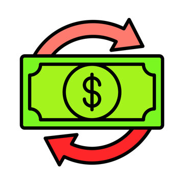 Flat vector money exchange icon, green banknote with dollar symbol and red circular arrows. Currency transfer graphic for finance apps
