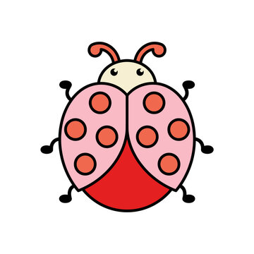 Cute cartoon ladybug vector icon, red and pink insect with black outline. Kawaii bug illustration for kids design, logo, sticker