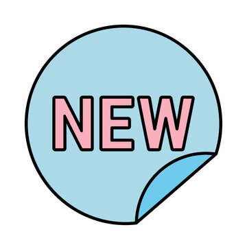 Retro new label sticker icon, blue circle with curled corner and pink NEW text. Minimal flat vector badge for web UI