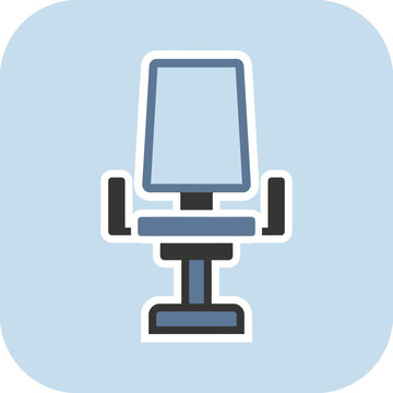Flat vector office chair icon, blue and gray furniture symbol with outline and shadow, workplace seating app UI button graphic