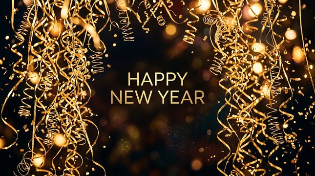 Happy New Year greeting card with golden serpentine streamers and glowing bokeh lights on dark background photo