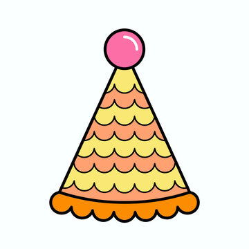 Cute party hat vector icon, pastel pink and yellow celebration accessory with scalloped pattern. Birthday or festival sticker style