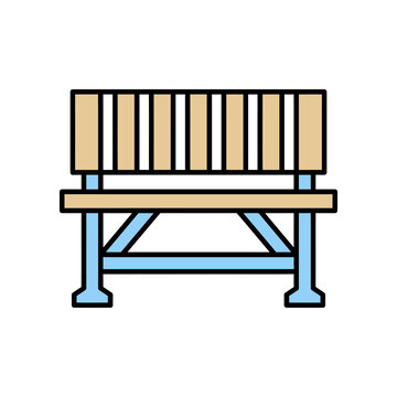 Minimal flat park bench vector icon, wooden slatted seat with blue metal legs, outdoor street furniture symbol for UI app map