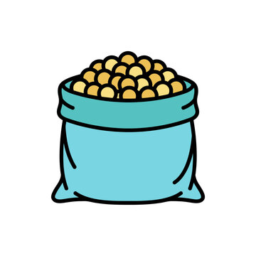 Cute hand drawn sack of corn. Blue grain bag vector illustration, simple cartoon food icon for farming, harvest, agriculture design