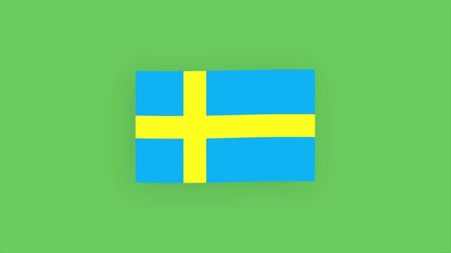 Animated cartoon formation and gentle waving loop of the Sweden national flag with yellow Nordic cross on a green screen chroma key background