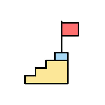 Minimal flat flag icon on staircase, colorful outline vector symbol for achievement and success, UI app badge and goal marker